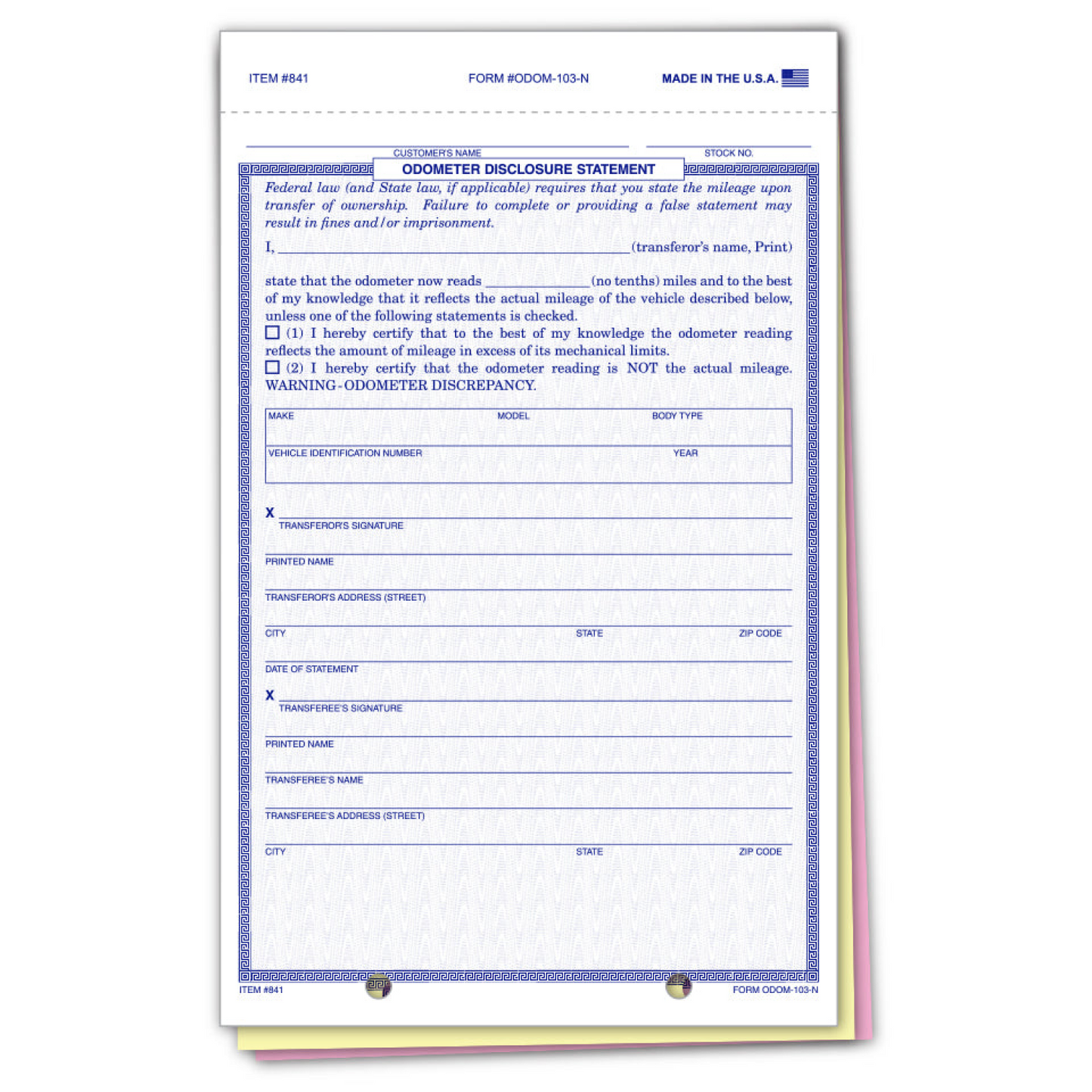 Odometer Disclosure Statement - ODOM-103-N - 3 Part