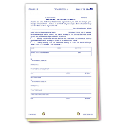 Odometer Disclosure Statement - 3-Part No Screen ODOM-103-N