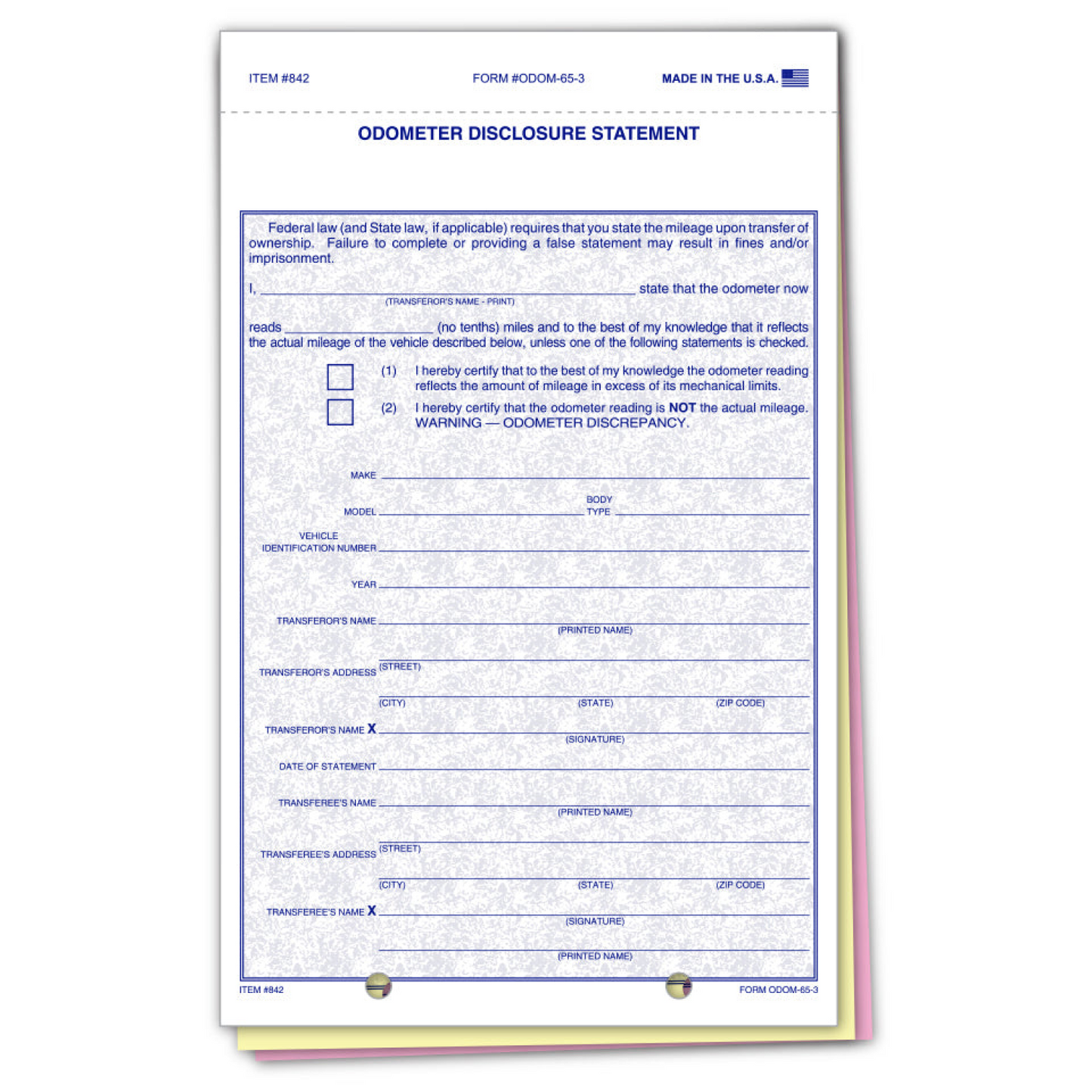 Odometer Disclosure Statement - ODOM-65-3 - 3 Part