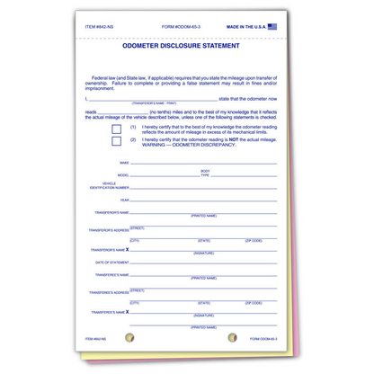 Odometer Disclosure Statement - 3-Part Carbonless Dealer Form