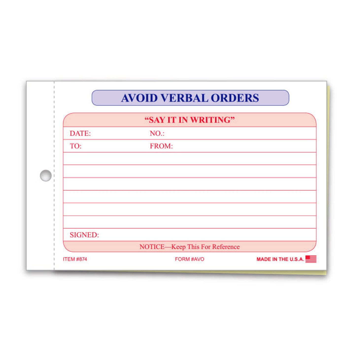 Avoid Verbal Orders Book - Generic, 2 Part