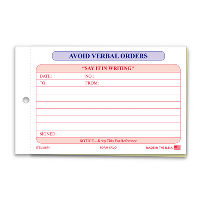 Avoid Verbal Orders Book - 2-Part 7" x 4-1/4" Carbonless Forms