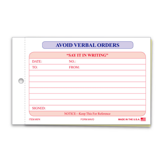 Avoid Verbal Orders Book - Generic, 2 Part