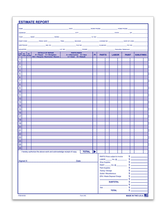 Body Shop Repair Estimate, Form 45