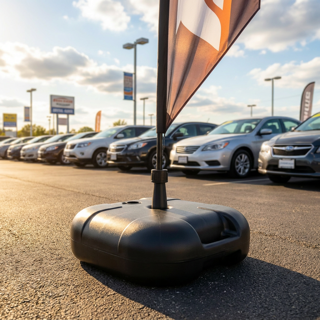 Fillable flag base holding red swooper flag on car dealership lot