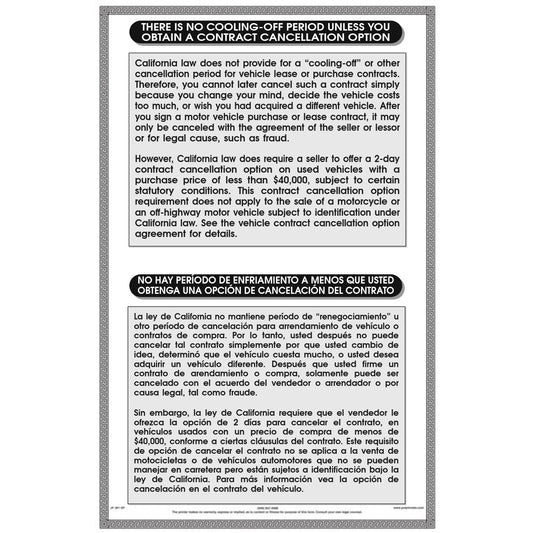 No Cooling Off Period sign, bilingual English/Spanish, California dealer compliance
