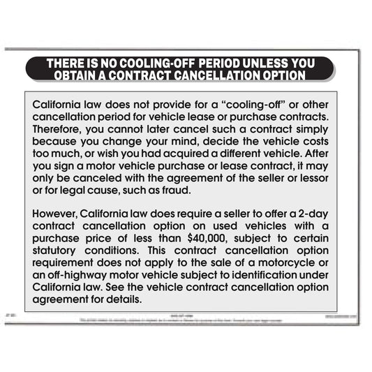 No Cooling Off Period sign, English only, California dealer compliance