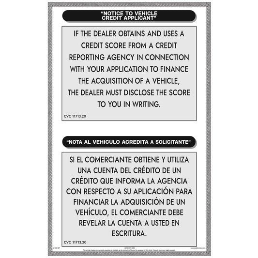 Notice to Vehicle Credit Applicant sign, bilingual English/Spanish, CVC 11713.20 dealer disclosure