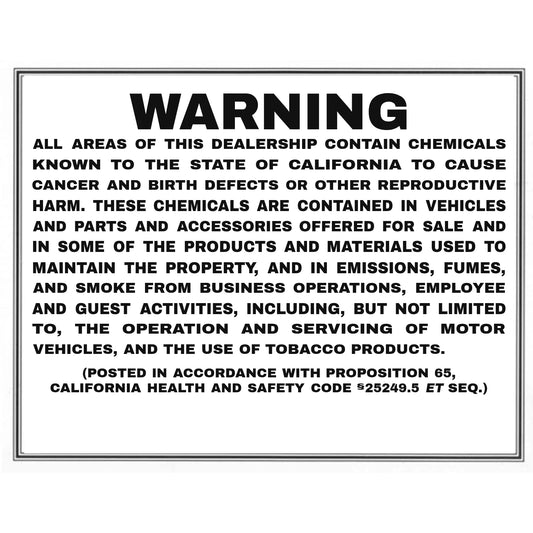 Prop 65 warning sign, English, California dealership disclosure