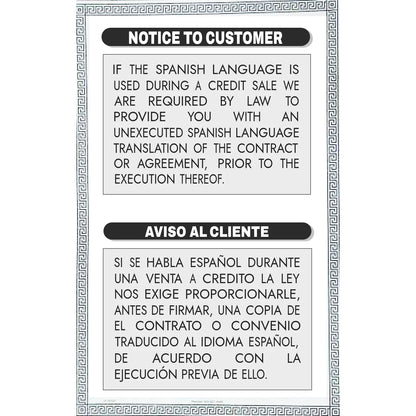 Notice to Customer contract translation sign, bilingual English/Spanish, dealer compliance