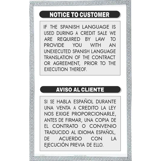 Notice to Customer contract translation sign, bilingual English/Spanish, dealer compliance