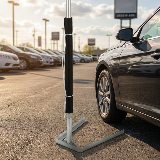 Black foam scratch guard on swooper flag pole protecting vehicle fender with tire drive-over base