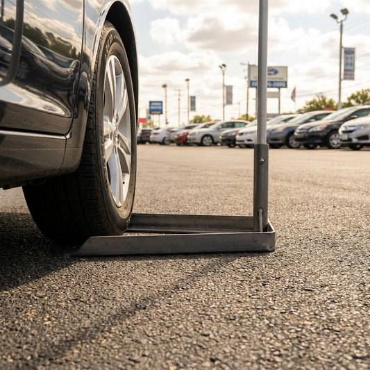 Car tire parked over U-shaped flag base anchoring swooper flag on dealership lot