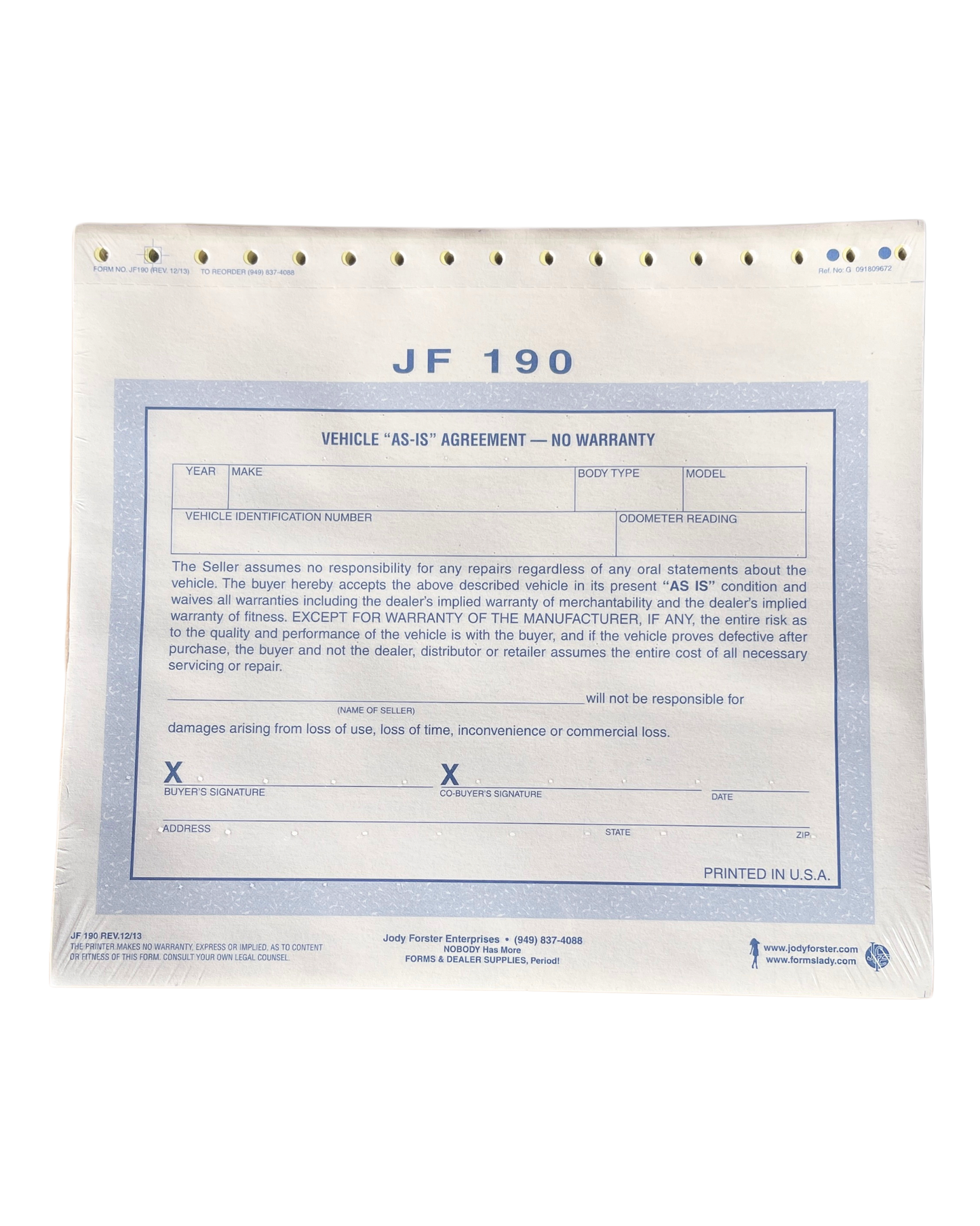 Vehicle "As Is" Agreement - No warranty (100 Pack)