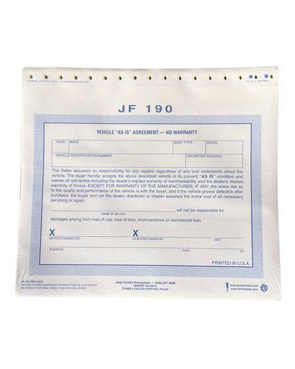 Vehicle "As Is" Agreement - No warranty (100 Pack)