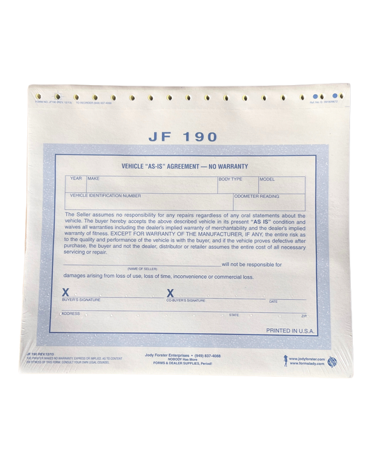 Vehicle "As Is" Agreement - No warranty (100 Pack)