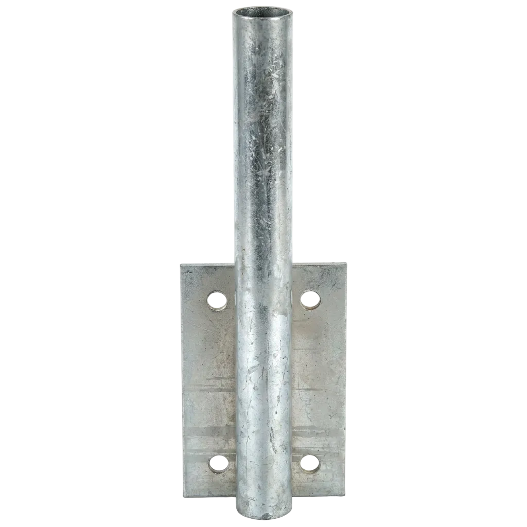 Galvanized steel wall mount bracket for swooper flags with 12x4 mounting plate and vertical pole sleeve