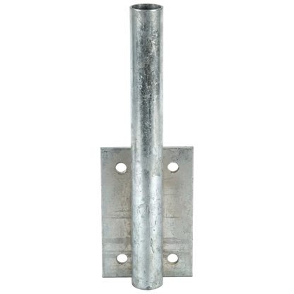 Galvanized steel wall mount bracket for swooper flags with 12x4 mounting plate and vertical pole sleeve