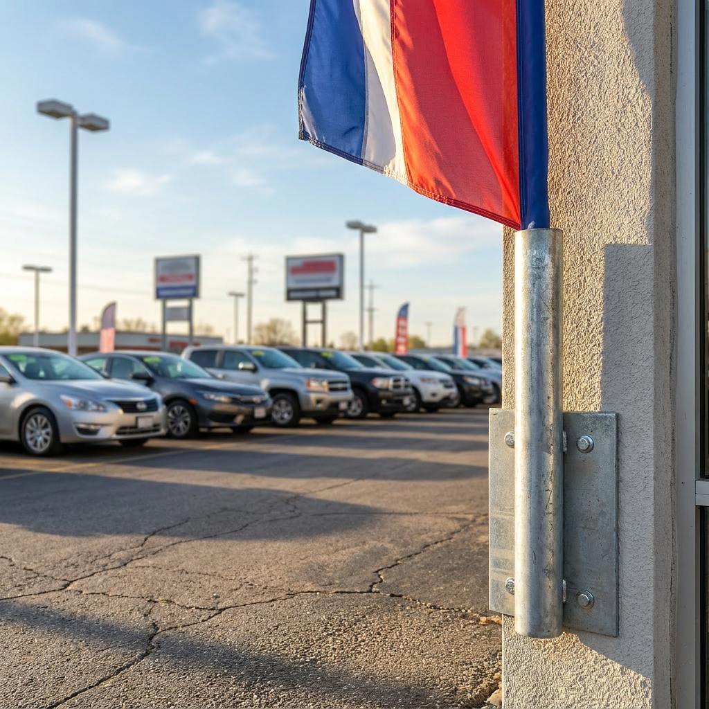 Wall mount bracket installed on building exterior holding swooper flag pole