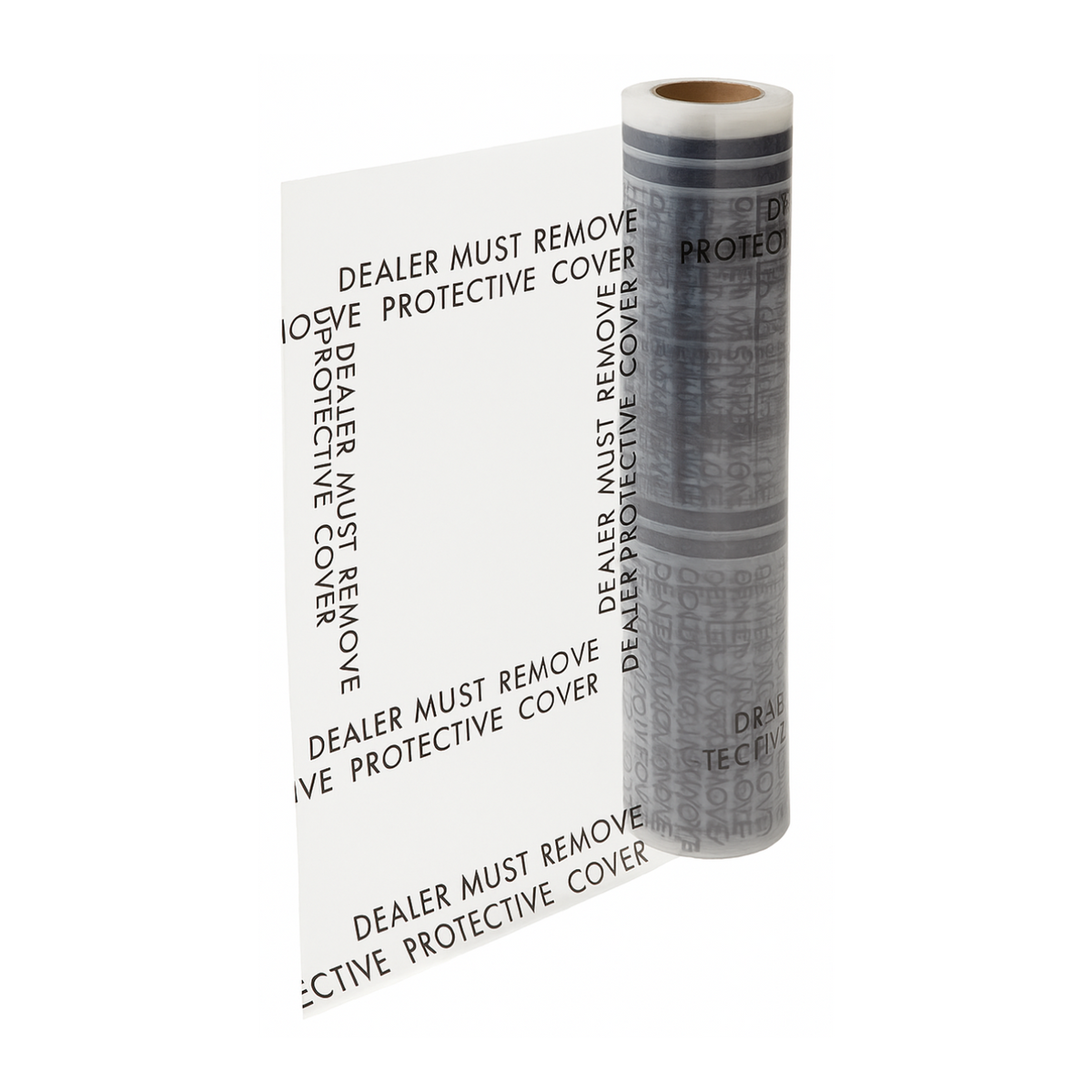 Roll of clear adhesive carpet protection film printed Dealer Must Remove Protective Cover