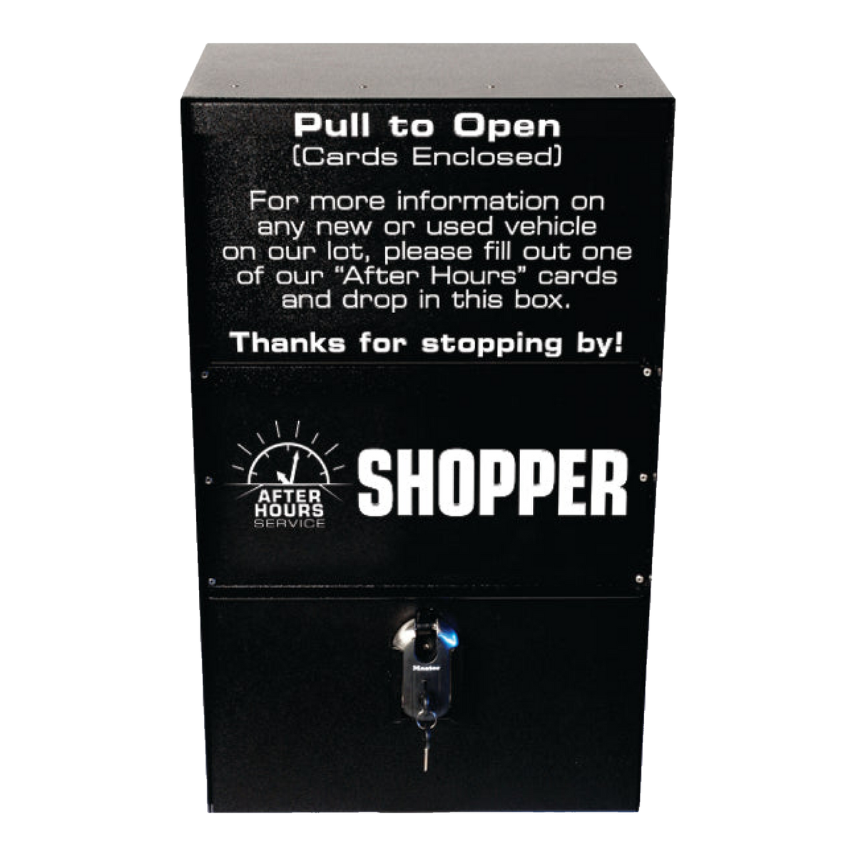 Black steel After Hours Shopper lead box with Pull to Open lid and lock