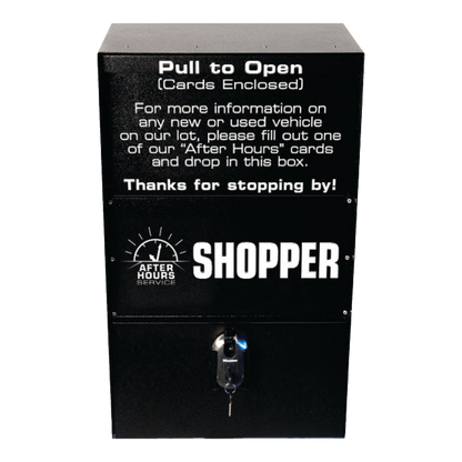 Black steel After Hours Shopper lead box with Pull to Open lid and lock