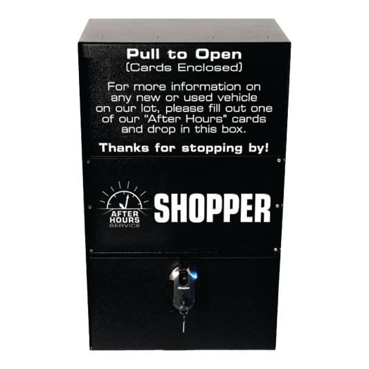 Black steel After Hours Shopper lead box with Pull to Open lid and lock