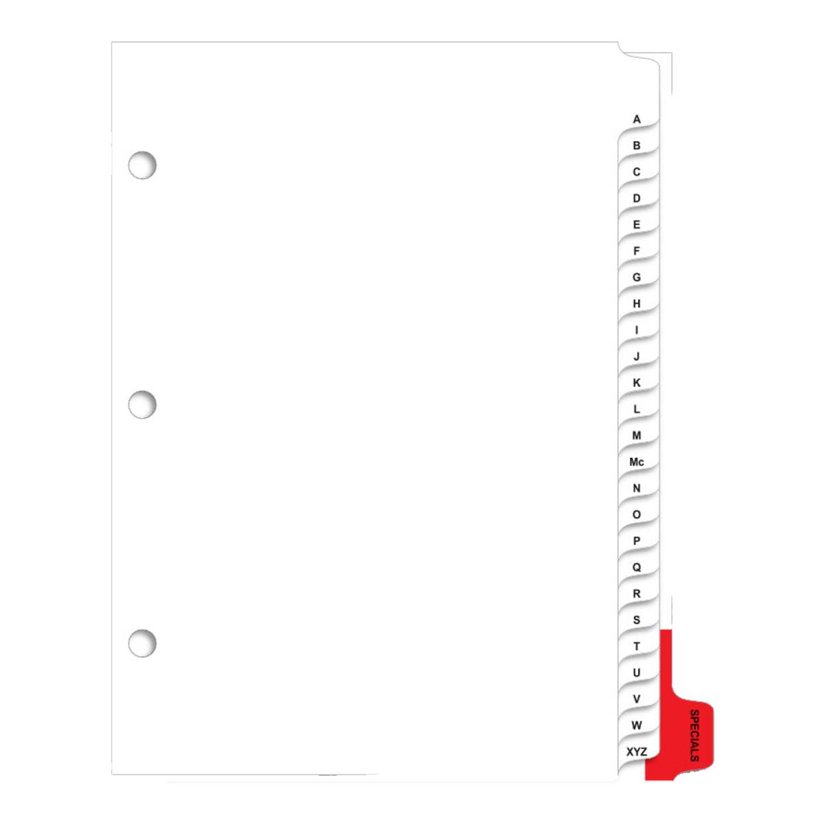White alphabet divider sheet with A-Z index tabs