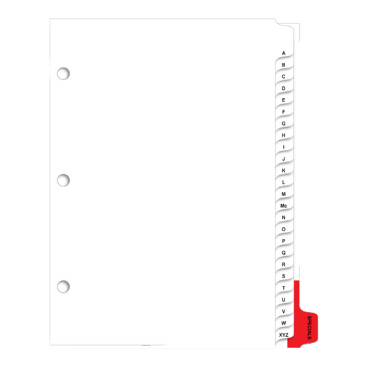 White alphabet divider sheet with A-Z index tabs