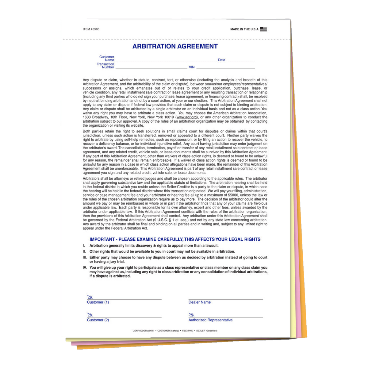 Arbitration Agreement 4-part carbonless form
