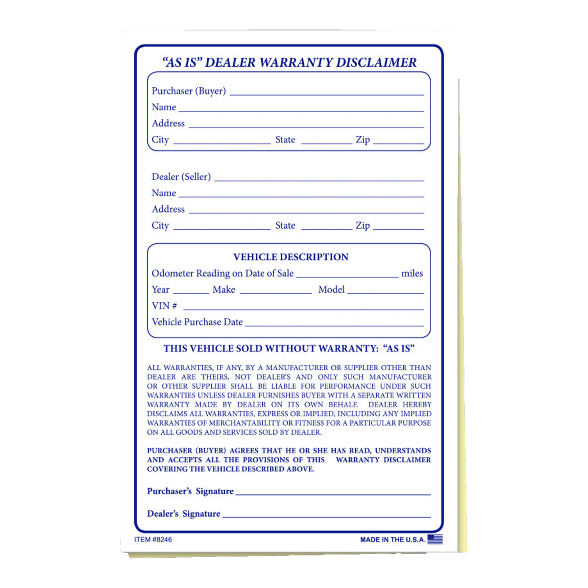 "As Is" Dealer Warranty Disclaimer form with blue print