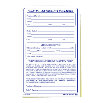 "As Is" Dealer Warranty Disclaimer form with blue print