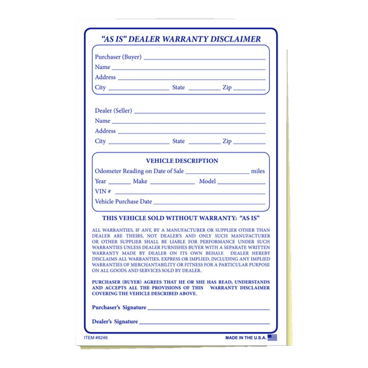 "As Is" Dealer Warranty Disclaimer form with blue print