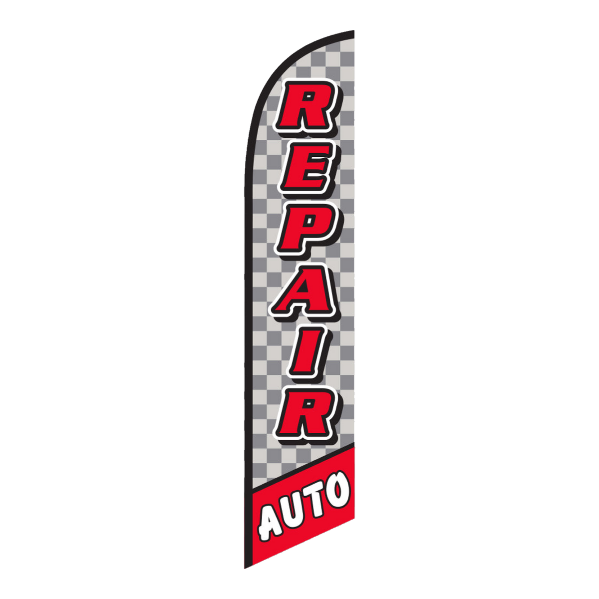 Auto Repair swooper feather flag with checkered pattern and red lettering