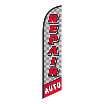 Auto Repair swooper feather flag with checkered pattern and red lettering