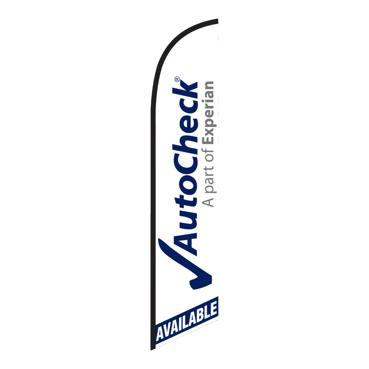 White AutoCheck swooper feather flag with navy logo and Available lettering