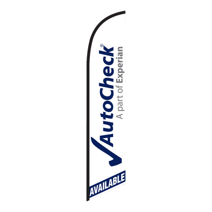 White AutoCheck swooper feather flag with navy logo and Available lettering