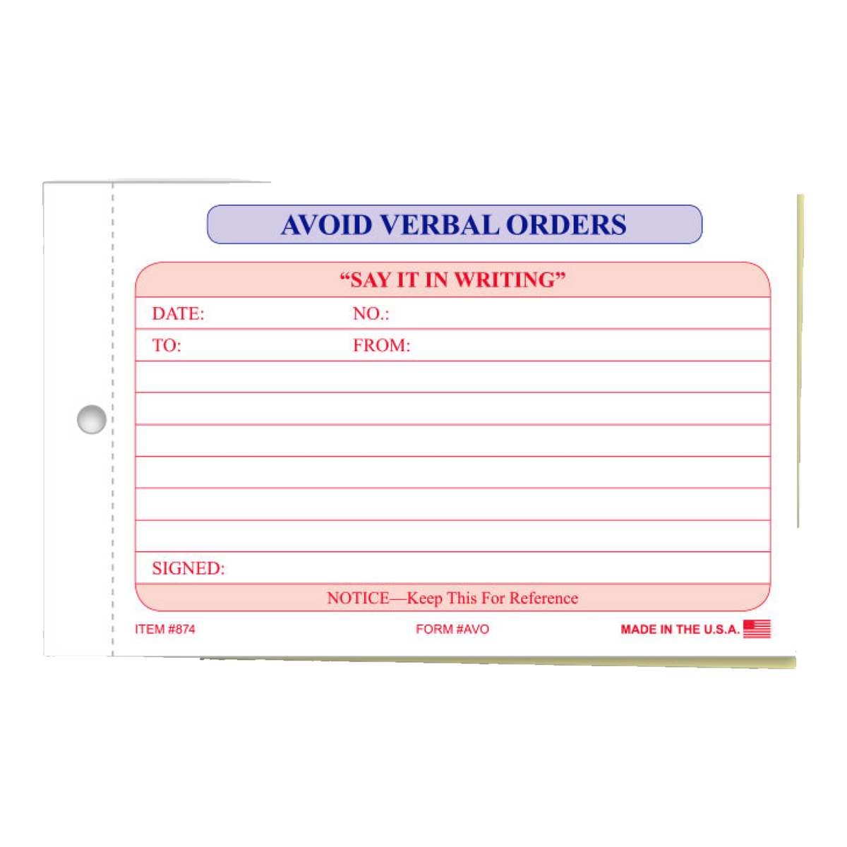 Avoid Verbal Orders 2-part form with red print