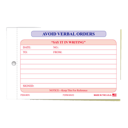 Avoid Verbal Orders 2-part form with red print