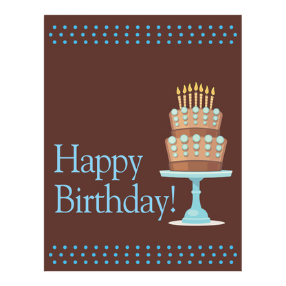 Brown Happy Birthday card with a tiered birthday cake