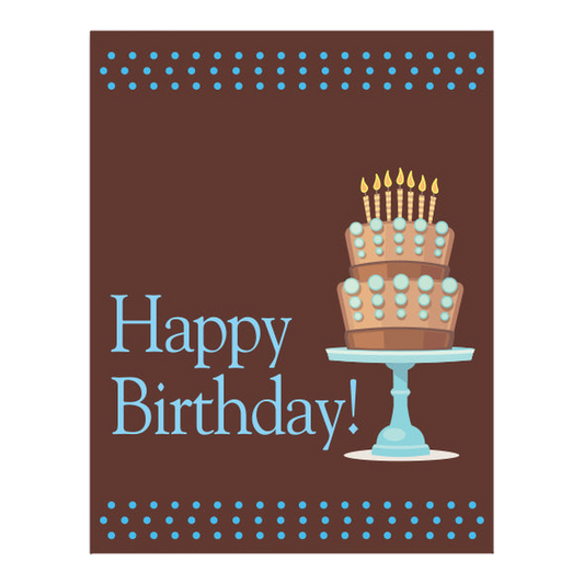 Brown Happy Birthday card with a tiered birthday cake