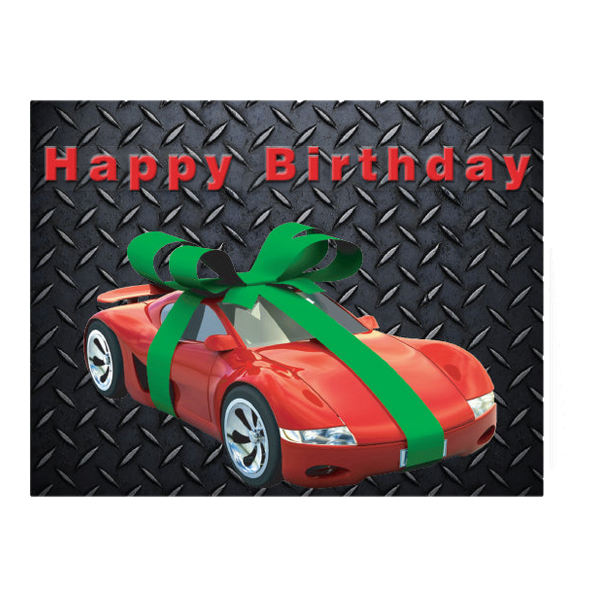 Happy Birthday card with a red sports car wrapped in a green bow