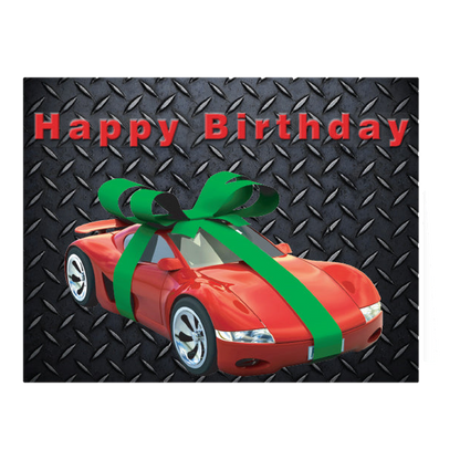 Happy Birthday card with a red sports car wrapped in a green bow