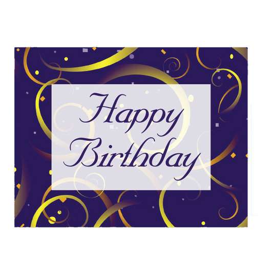 Navy and gold Happy Birthday card with swirls