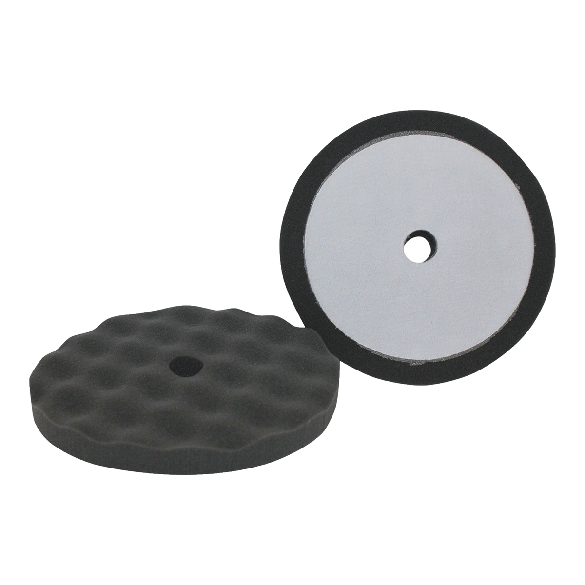 Two black waffle foam polishing pads with hook-and-loop backing