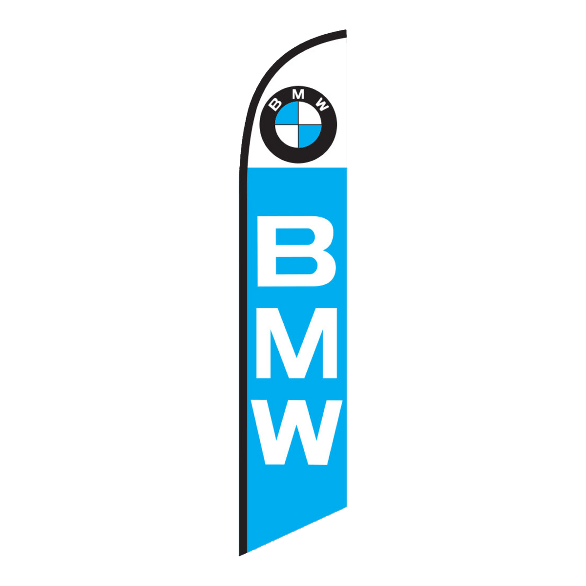 Light blue BMW swooper feather flag with white BMW lettering and the BMW logo