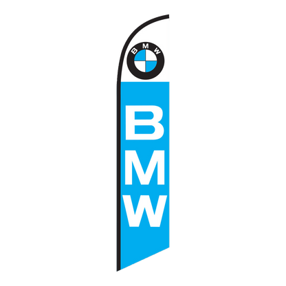 Light blue BMW swooper feather flag with white BMW lettering and the BMW logo