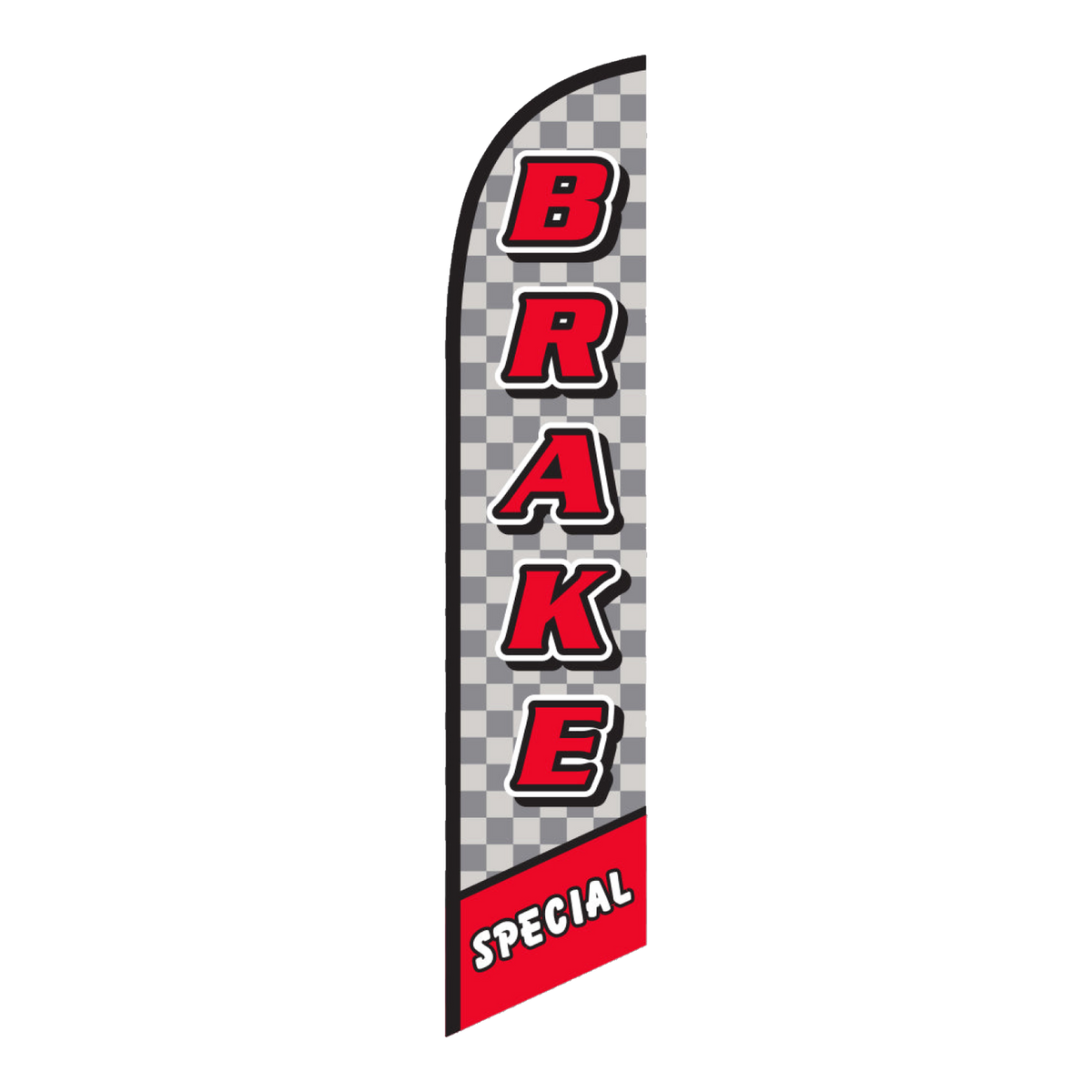 Brake Special swooper feather flag with checkered pattern and red lettering