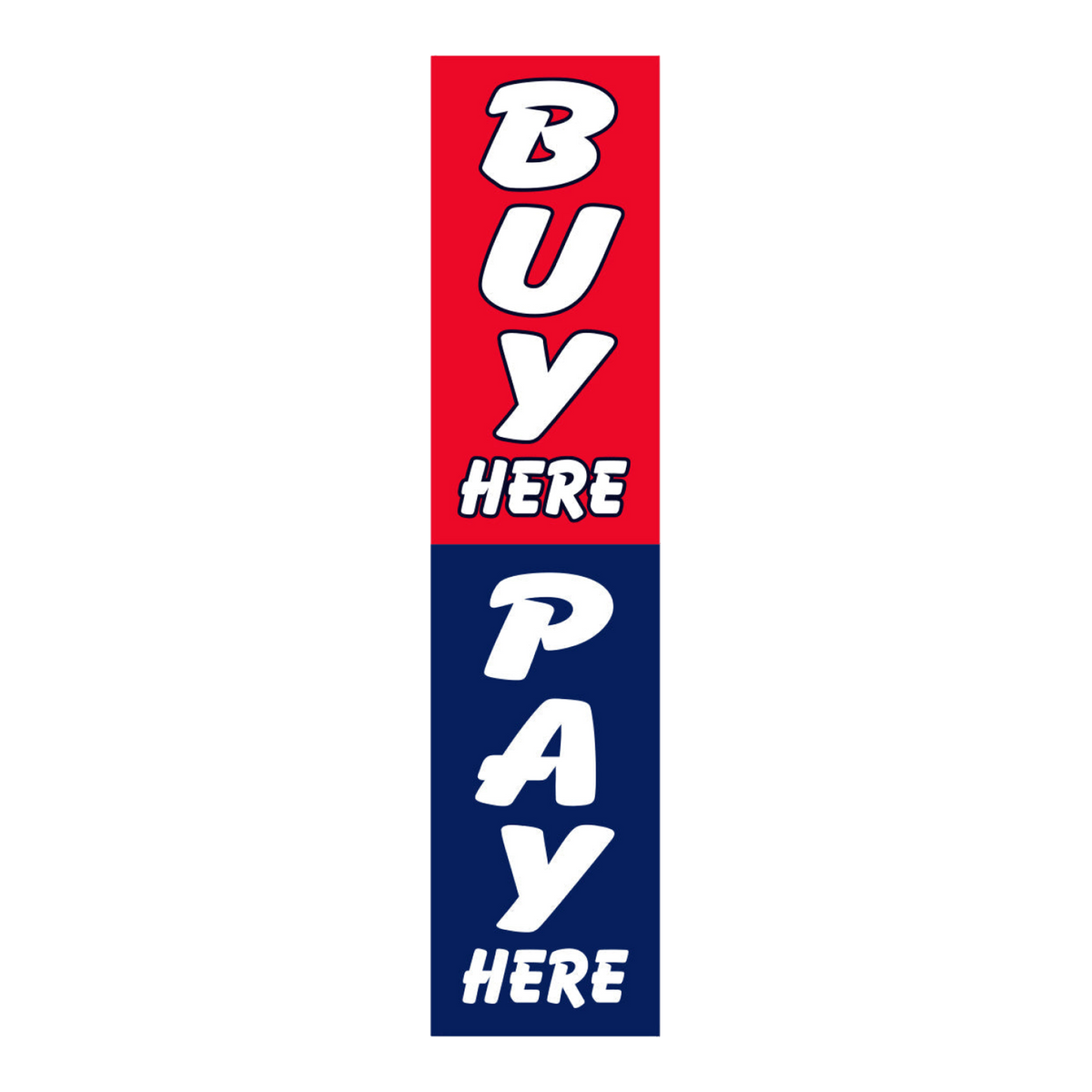 Buy Here Pay Here flat top swooper flag, white lettering on red and navy
