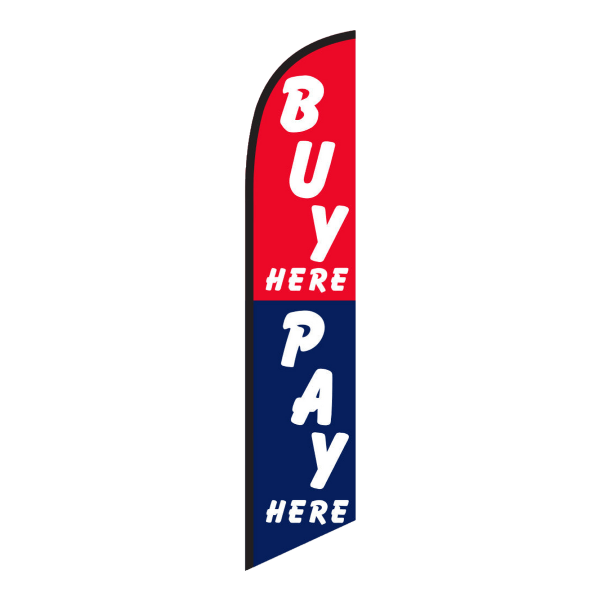 Buy Here Pay Here swooper feather flag, white lettering on red and navy